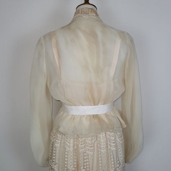 Vintage Tan Polyester Lace Long Maxi Dress w/Sheer Chiffon/Lace Capelet - 12/L - Picture 3 of 14